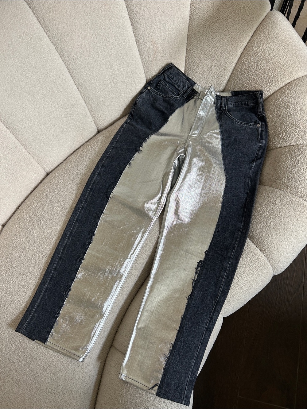Frame Denim Metallic Silver and Black Patchwork Jeans